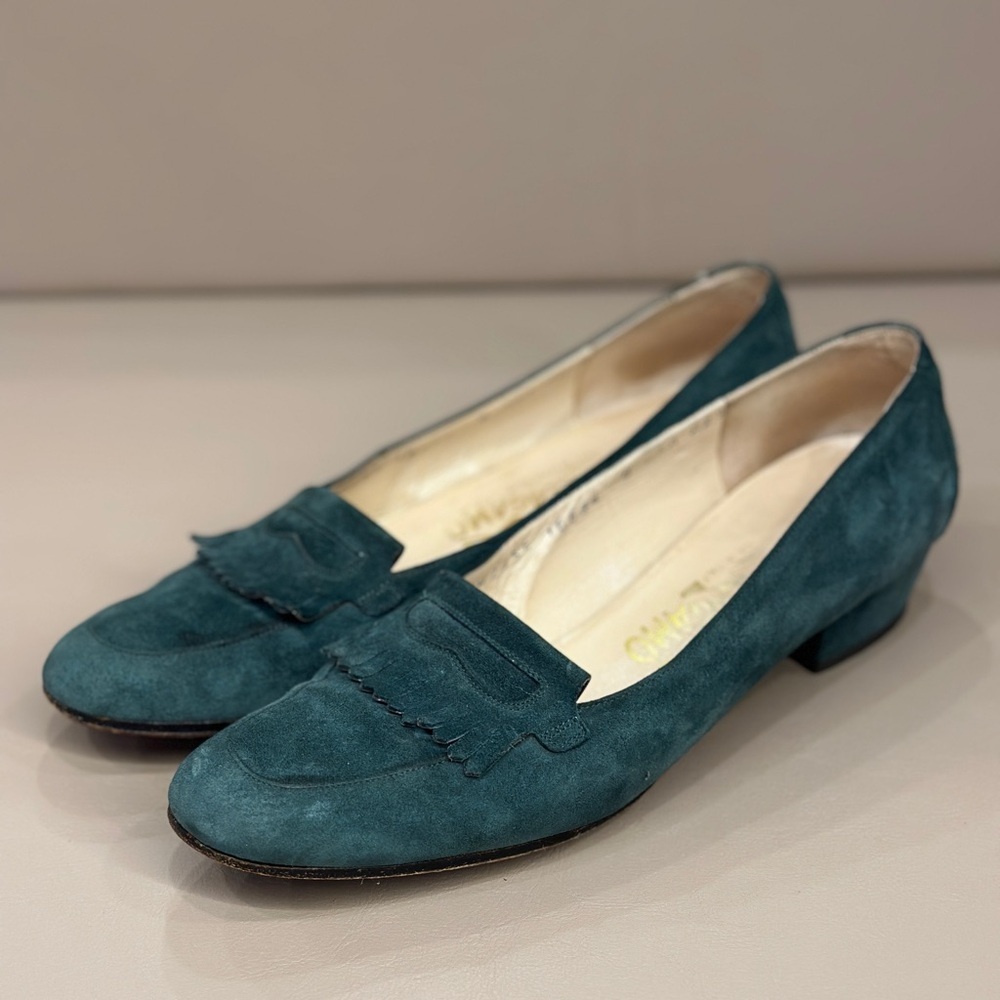 Vintage Salvatore Ferragamo teal suede loafers